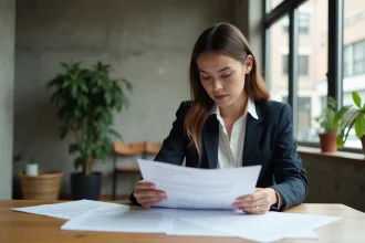 Femme professionnelle en blazer révisant un contrat d'égérie à son bureau dans un espace de coworking moderne