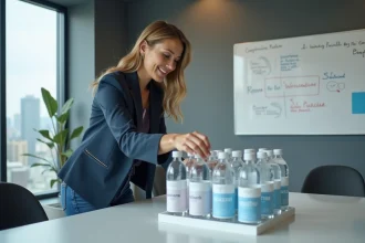 Femme professionnelle arrangeant des bouteilles d'eau en réunion