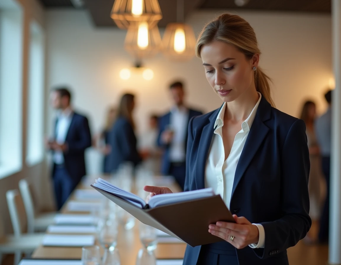 Femme professionnelle consultant des documents lors d'un événement B2B gratuit dans une salle de conférence moderne