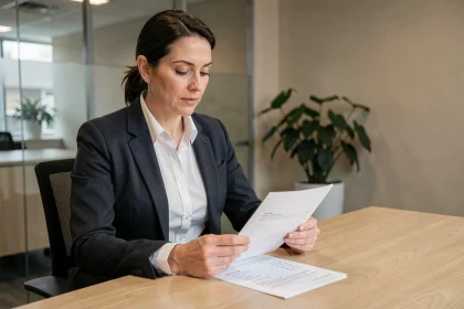 Femme professionnelle en blazer relisant une note de service imprimée dans un bureau moderne