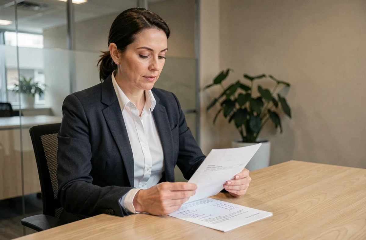 Femme professionnelle en blazer relisant une note de service imprimée dans un bureau moderne