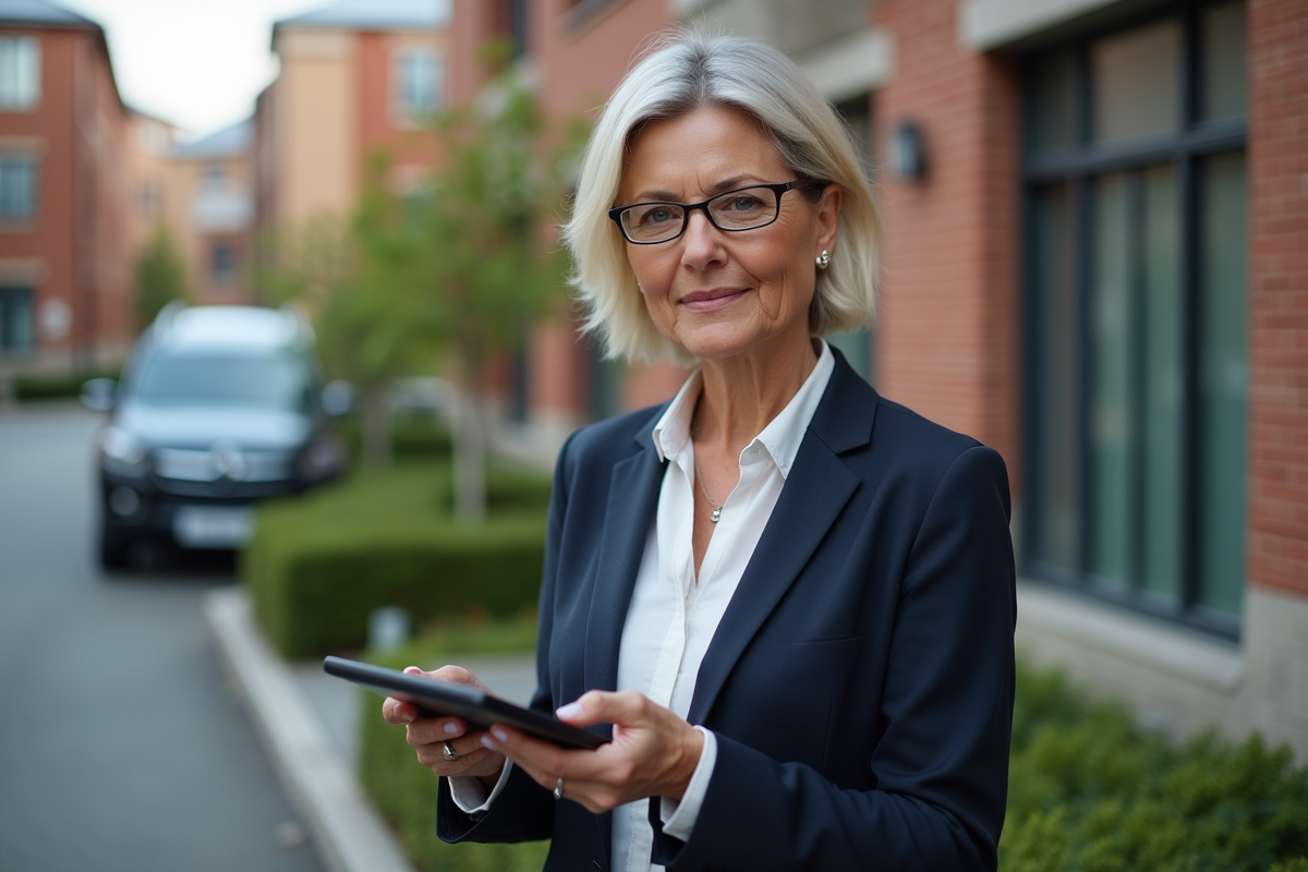 Femme d affaires avec tablette dans un parc d entreprises