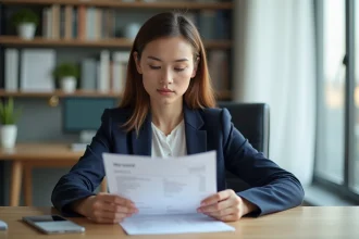 Femme professionnelle consultant un template de devis gratuit sur ordinateur dans un bureau moderne