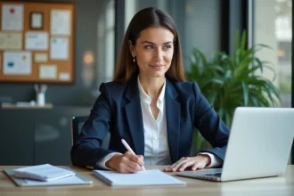 Femme confiante en blazer bleu lors de la revue de CV