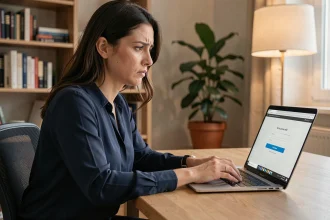 Femme assise à son bureau à domicile regardant un écran d'ordinateur portable avec un formulaire de réinitialisation de mot de passe My Arkevia