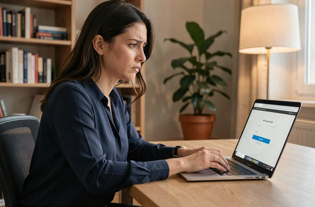 Femme assise à son bureau à domicile regardant un écran d'ordinateur portable avec un formulaire de réinitialisation de mot de passe My Arkevia