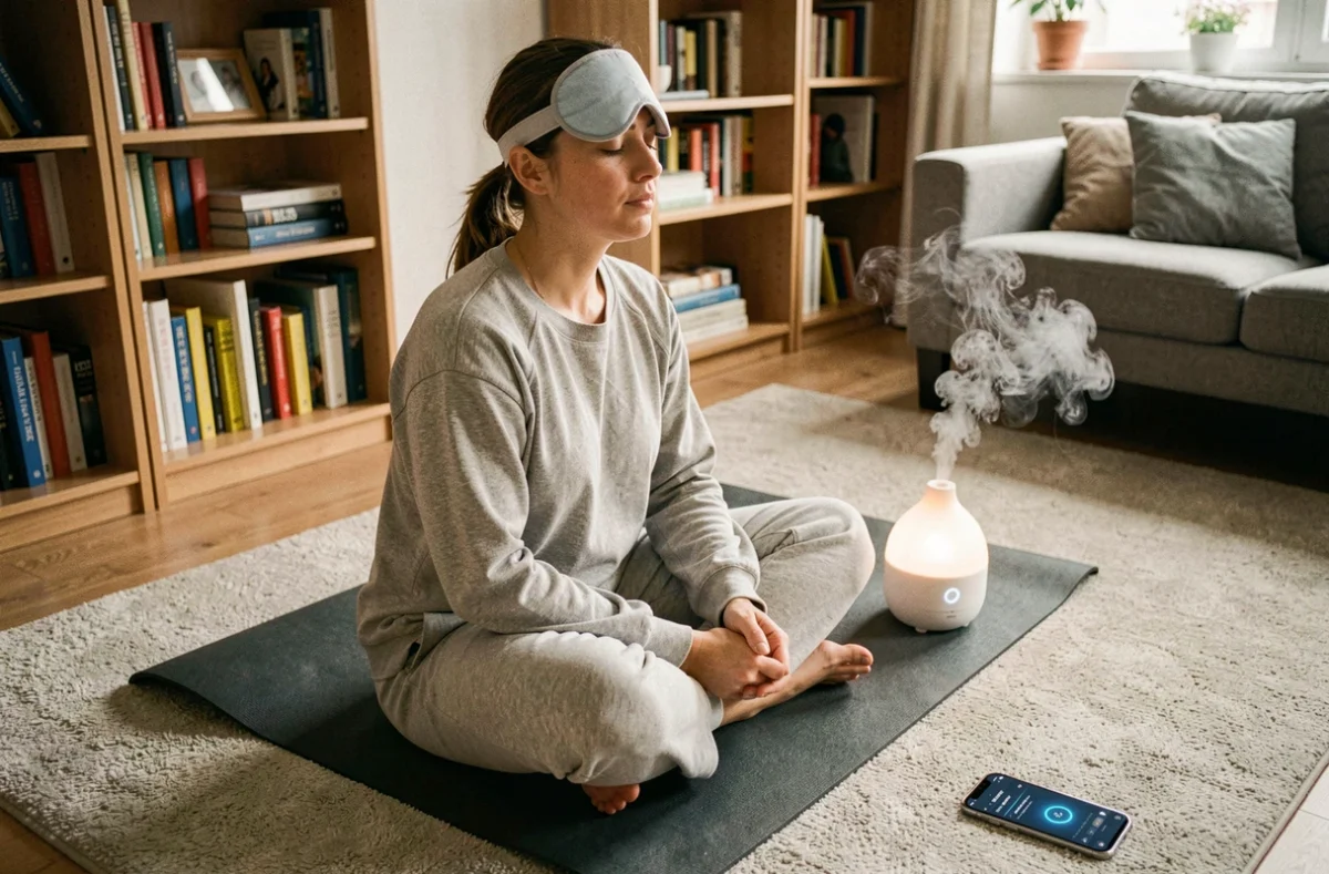 Femme se relaxant avant de dormir avec des techniques de récupération après un travail en 12 heures