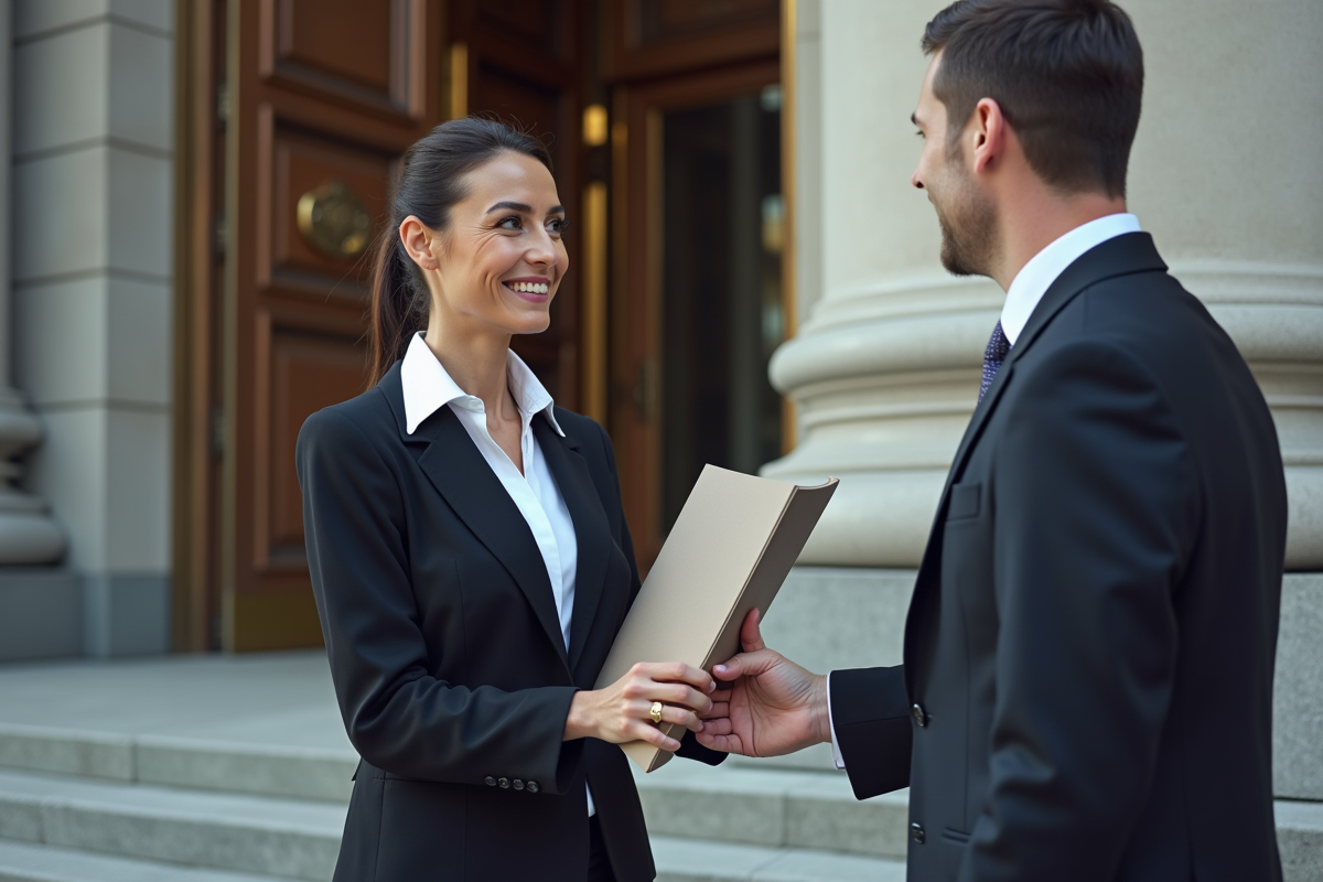 Femme remet un dossier à un cadre devant un bâtiment officiel
