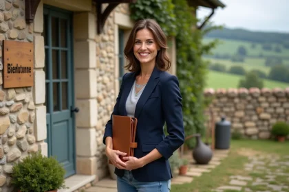 Jeune femme souriante devant une ferme en pierre rénovée