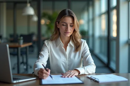 Femme en bureau examinant des papiers de resignation