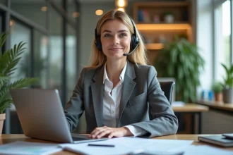 Femme d'âge moyen en blazer parlant au casque dans un bureau moderne