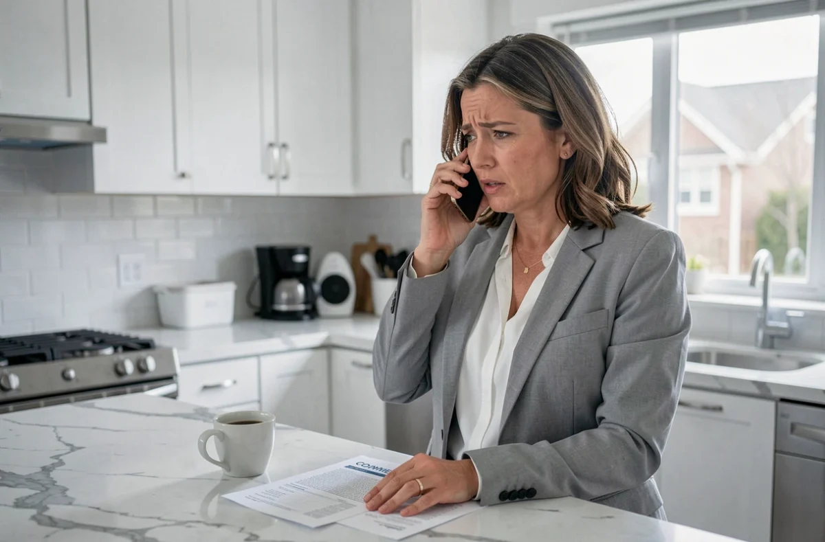 Femme téléphonant avec inquiétude devant un devis imprimé posé sur un comptoir de cuisine, cherchant à se rétracter après signature