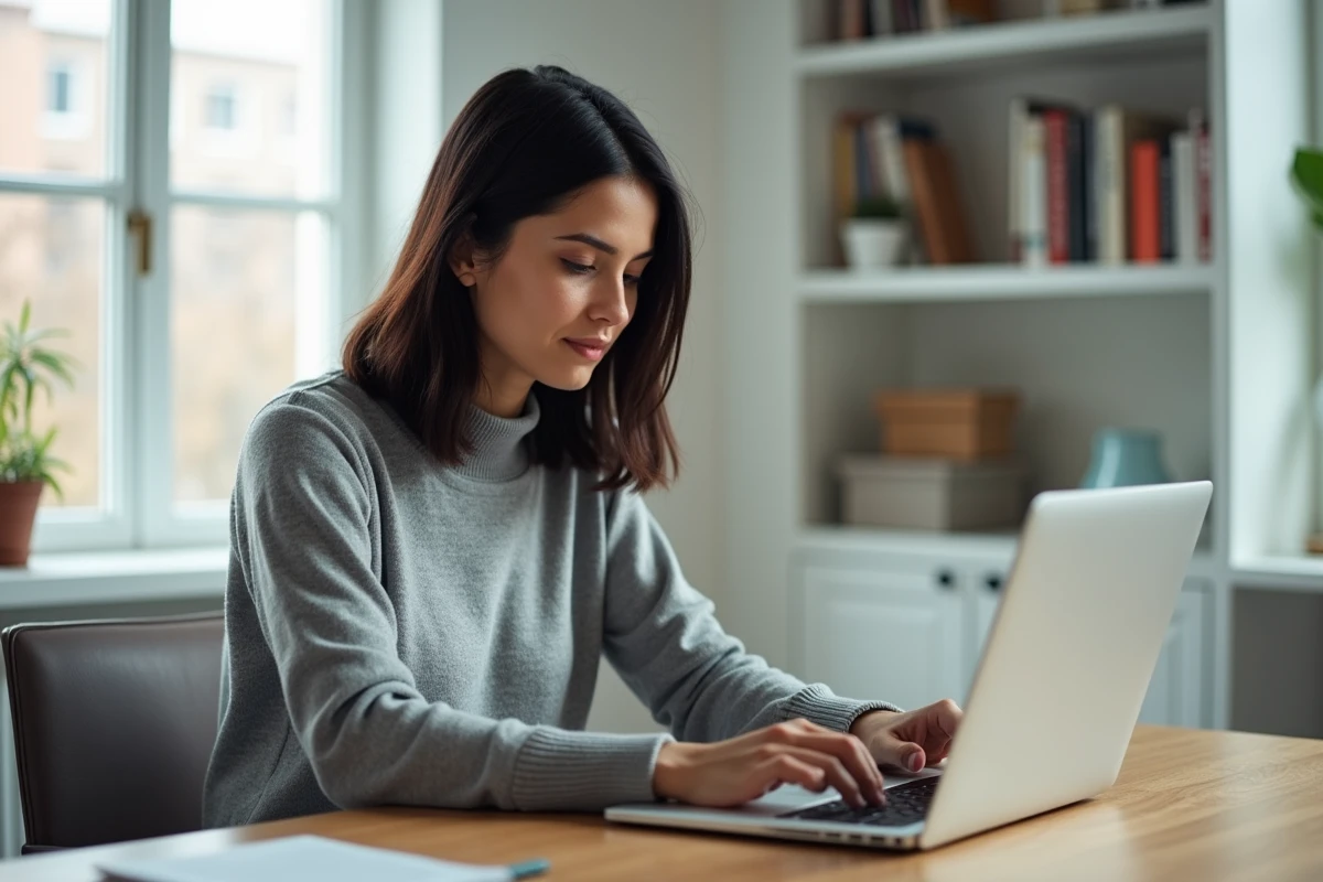 Femme en télétravail travaillant sur un ordinateur portable depuis son bureau à domicile