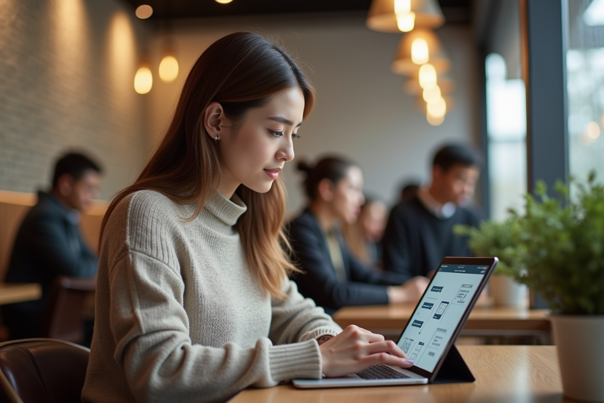Jeune femme travaillant sur une tablette dans un café moderne