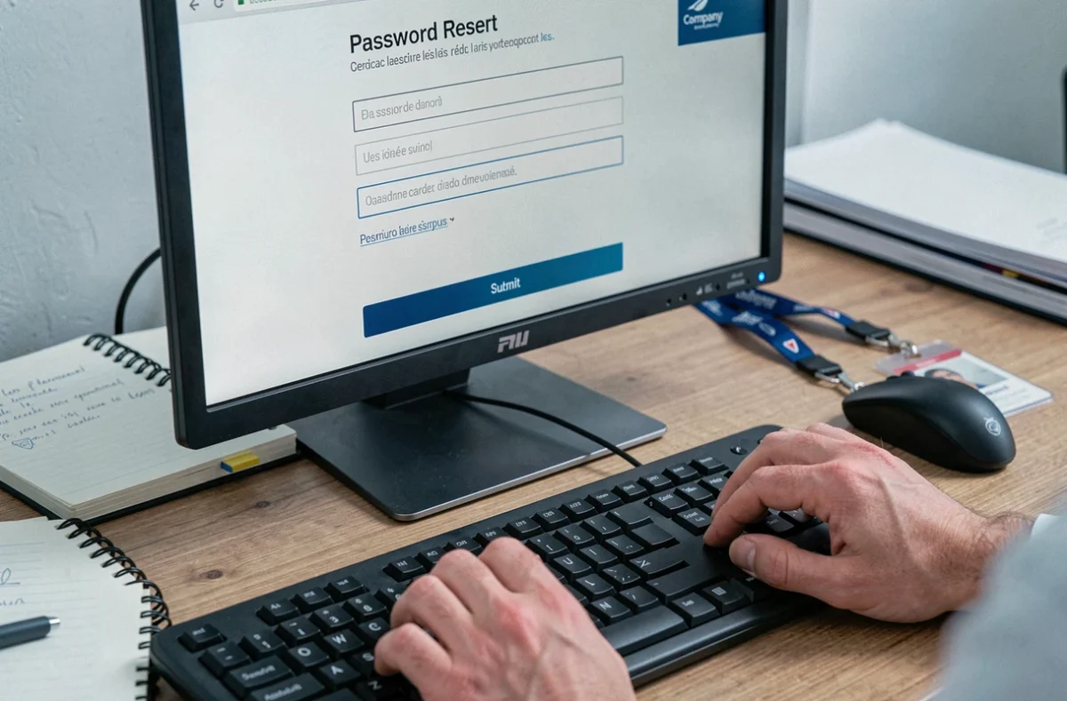 Écran d'ordinateur affichant un formulaire de réinitialisation de mot de passe intranet Inetum avec les mains d'un employé sur le clavier