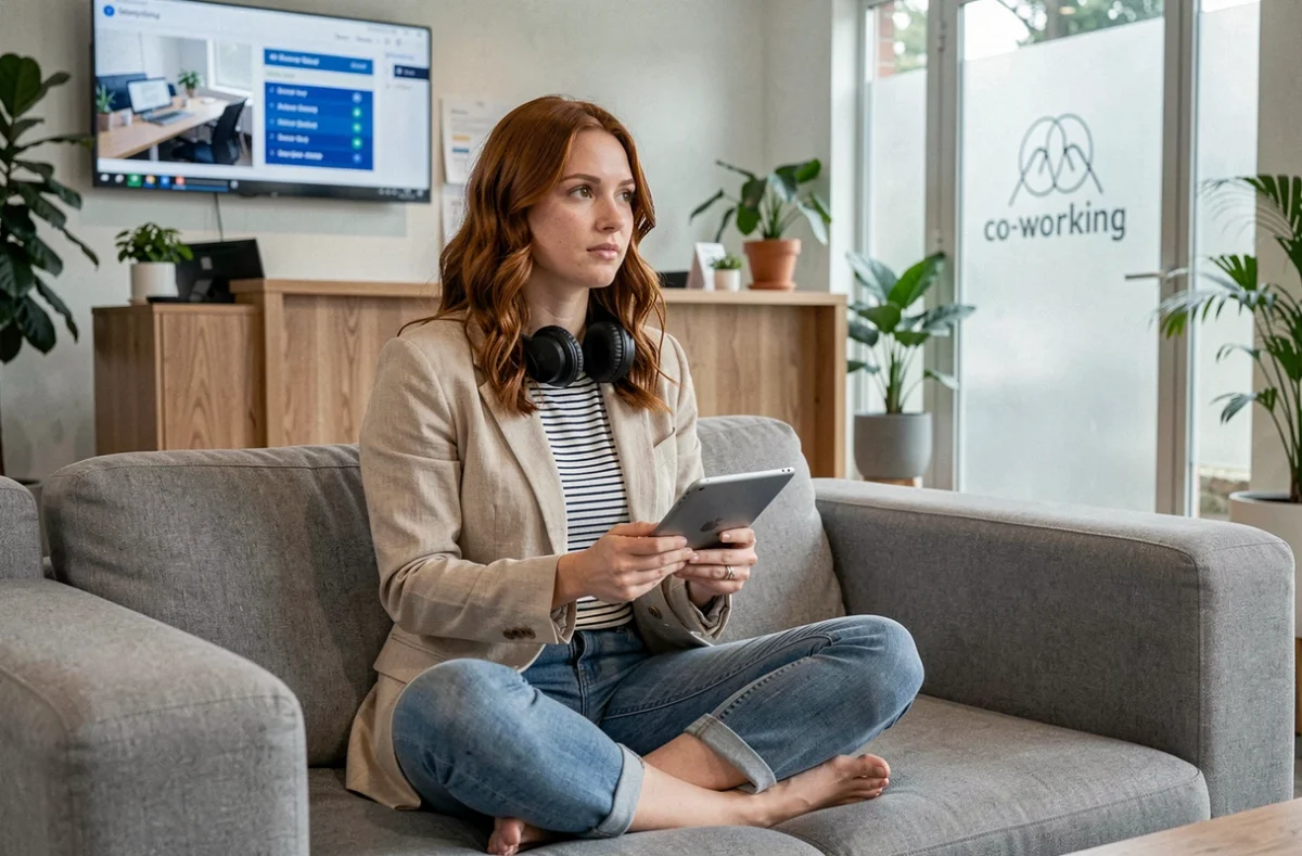 Jeune femme freelance travaillant sur une tablette dans la zone détente d'un coworking à Mont-Saint-Aignan