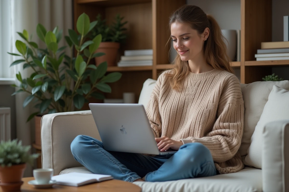 Freelance travaillant depuis chez elle sur la valorisation de ses services et la fixation de ses prix