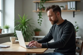 Homme freelance organisé dans un bureau cosy et professionnel