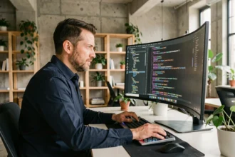 Freelance informaticien en portage salarial travaillant sur son ordinateur dans un espace de coworking moderne