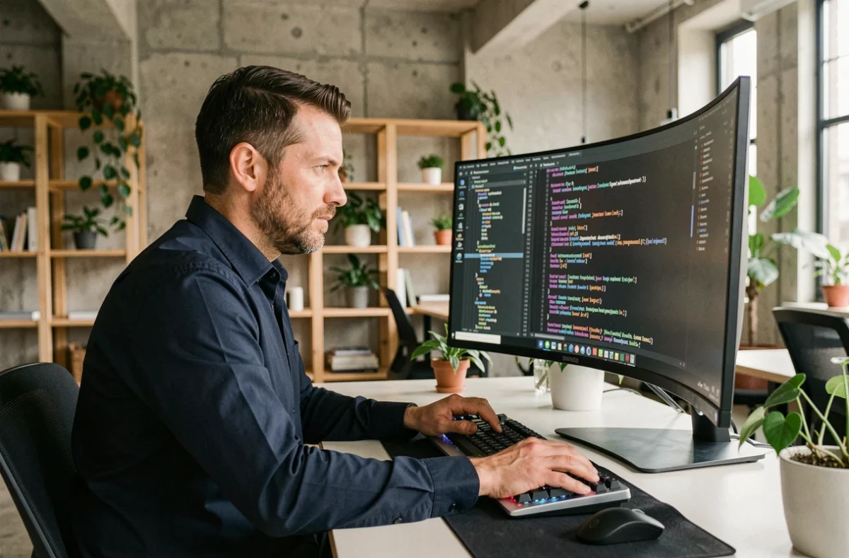 Freelance informaticien en portage salarial travaillant sur son ordinateur dans un espace de coworking moderne