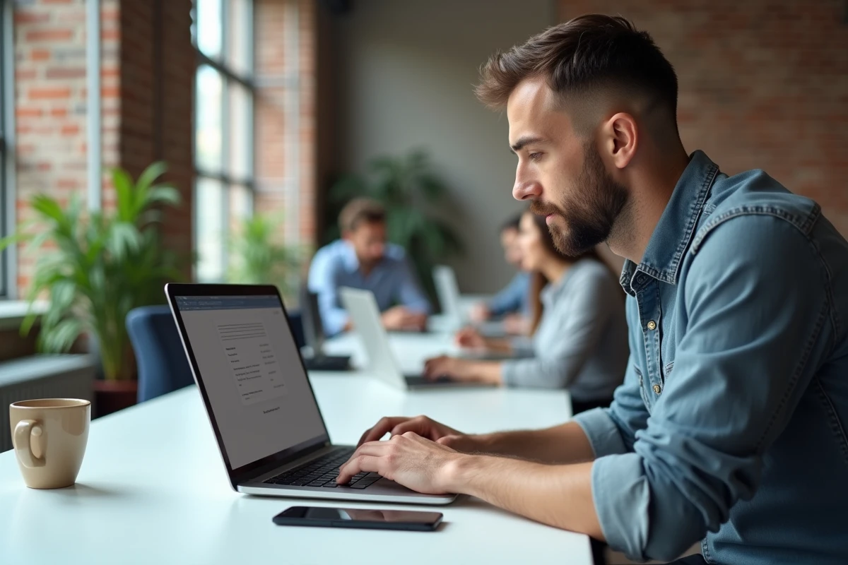 Freelance masculin utilisant un modèle de devis professionnel en ligne dans un espace de coworking