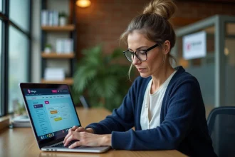 Gérante d'auto-école personnalisant le logiciel ELGEAWEB sur un ordinateur portable dans son bureau