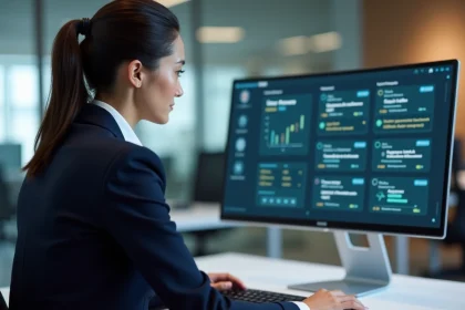 Responsable informatique gérant les accès utilisateurs et la sécurité des données sur un tableau de bord numérique en entreprise