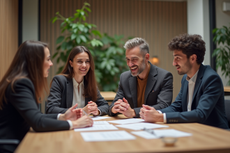 Groupe de quatre adultes discutant dans un bureau moderne