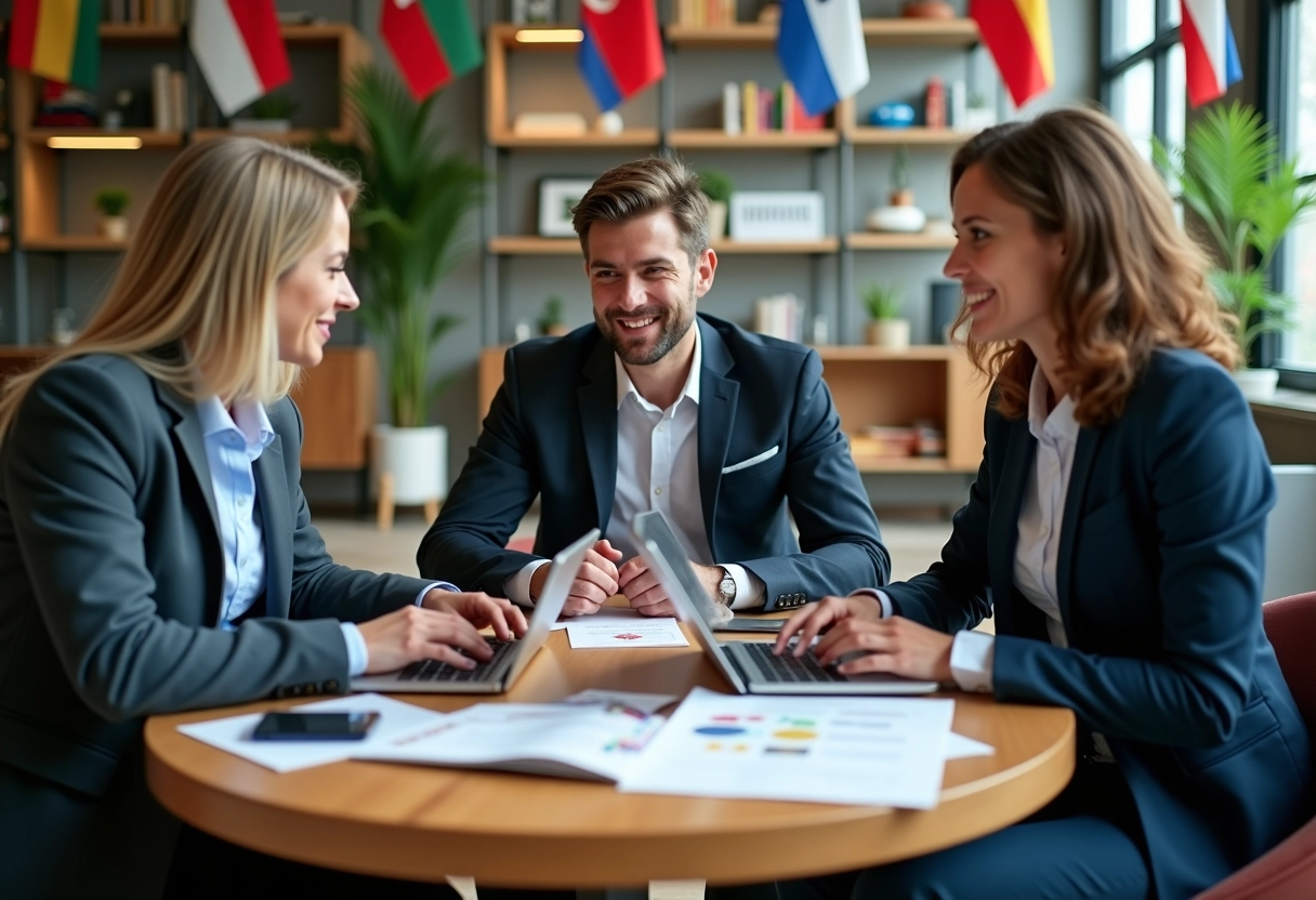 Trois professionnels en réunion dans un espace de coworking moderne