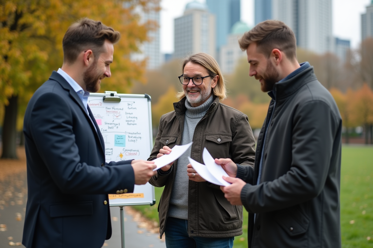 Groupe de trois personnes discutant en extérieur