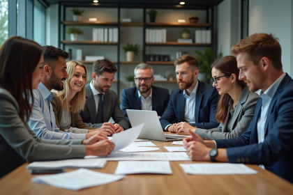 Groupe de professionnels en r&eacute;union dans un bureau moderne