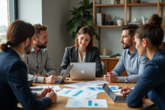 Groupe de professionnels en réunion dans un bureau lumineux