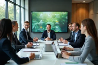 Groupe de professionnels en réunion dans un bureau moderne