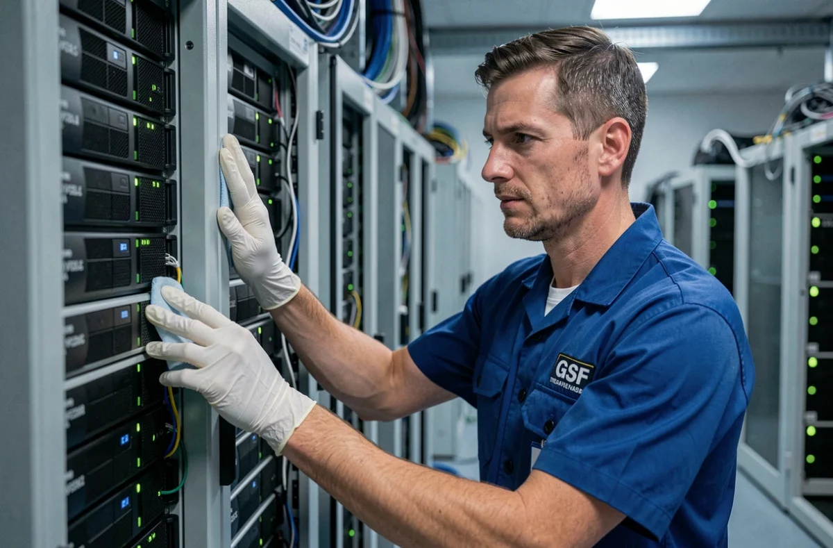 Technicien de nettoyage GSF intervenant dans une salle serveurs sur un site sensible