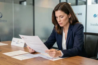 Professionnelle en blazer marine comparant des documents de partenariat et de sponsoring sur une table de réunion moderne