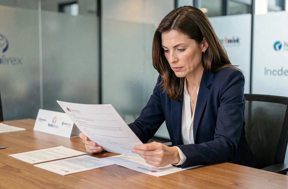 Professionnelle en blazer marine comparant des documents de partenariat et de sponsoring sur une table de réunion moderne