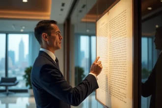 Professionnel en costume marine examinant un document historique encadré avec des initiales stylisées dans un hall d'entreprise moderne, évoquant les origines du nom KPMG