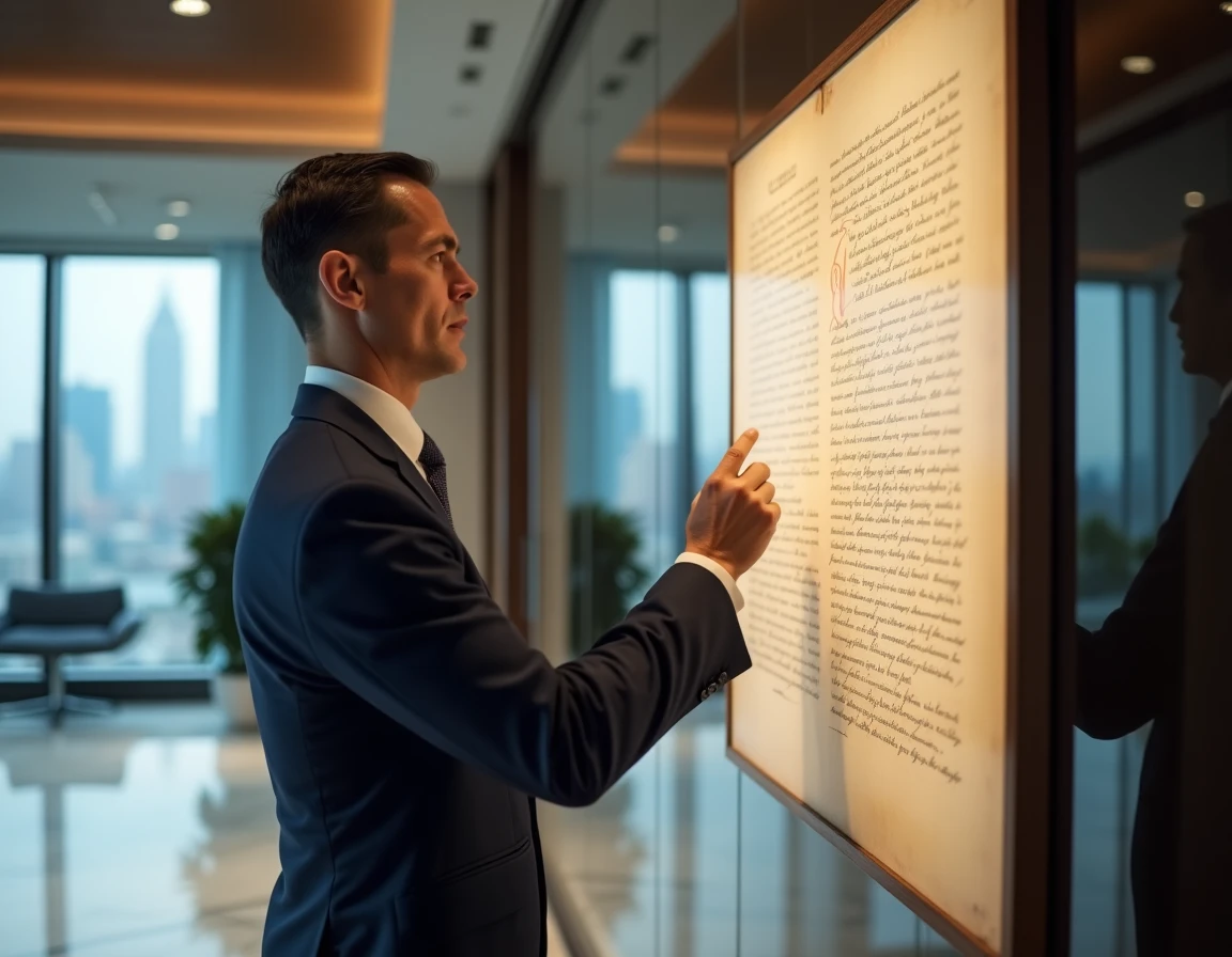 Professionnel en costume marine examinant un document historique encadré avec des initiales stylisées dans un hall d'entreprise moderne, évoquant les origines du nom KPMG