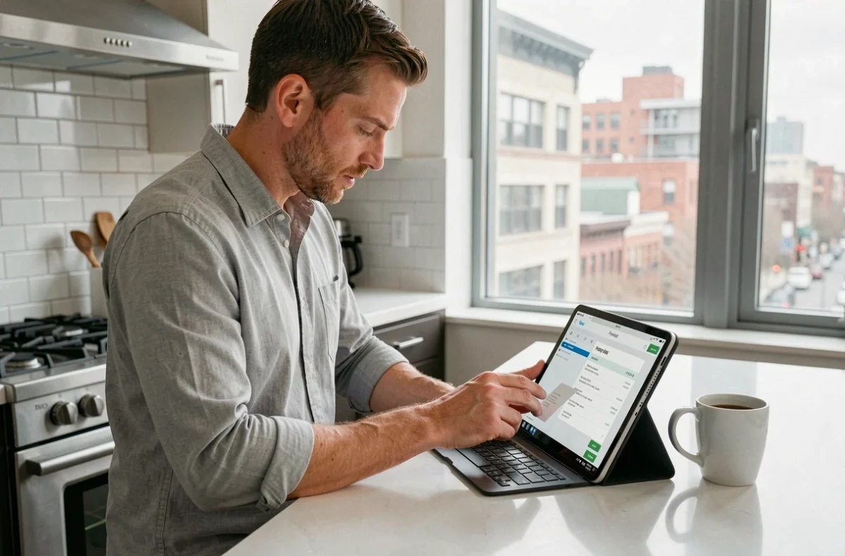 Homme consultant ses bulletins de paie dématérialisés sur une tablette dans une cuisine moderne
