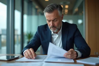 Homme d'affaires en costume bleu triant des documents financiers