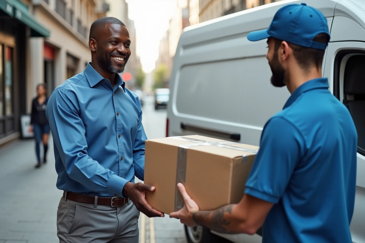 Homme africain livrant un colis devant une camionnette