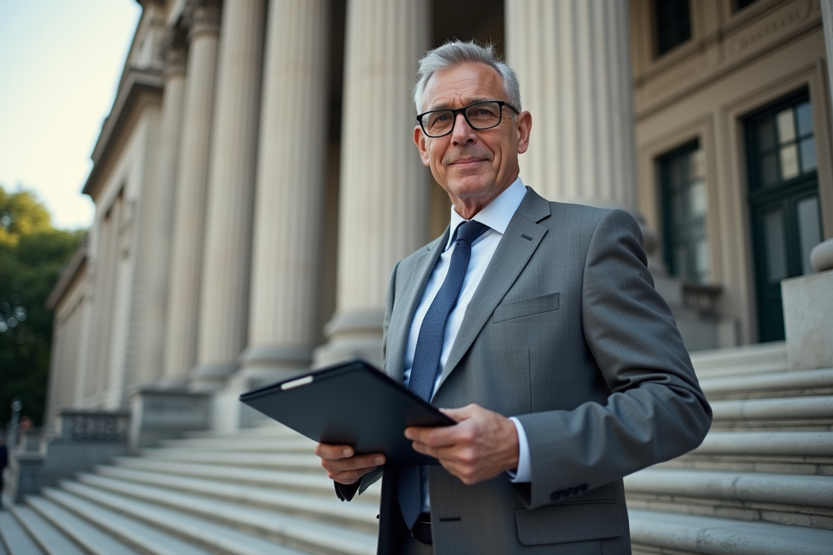 Homme d authority debout devant un bâtiment officiel
