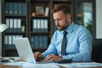 Homme d'affaires concentré travaillant sur un ordinateur dans un bureau moderne
