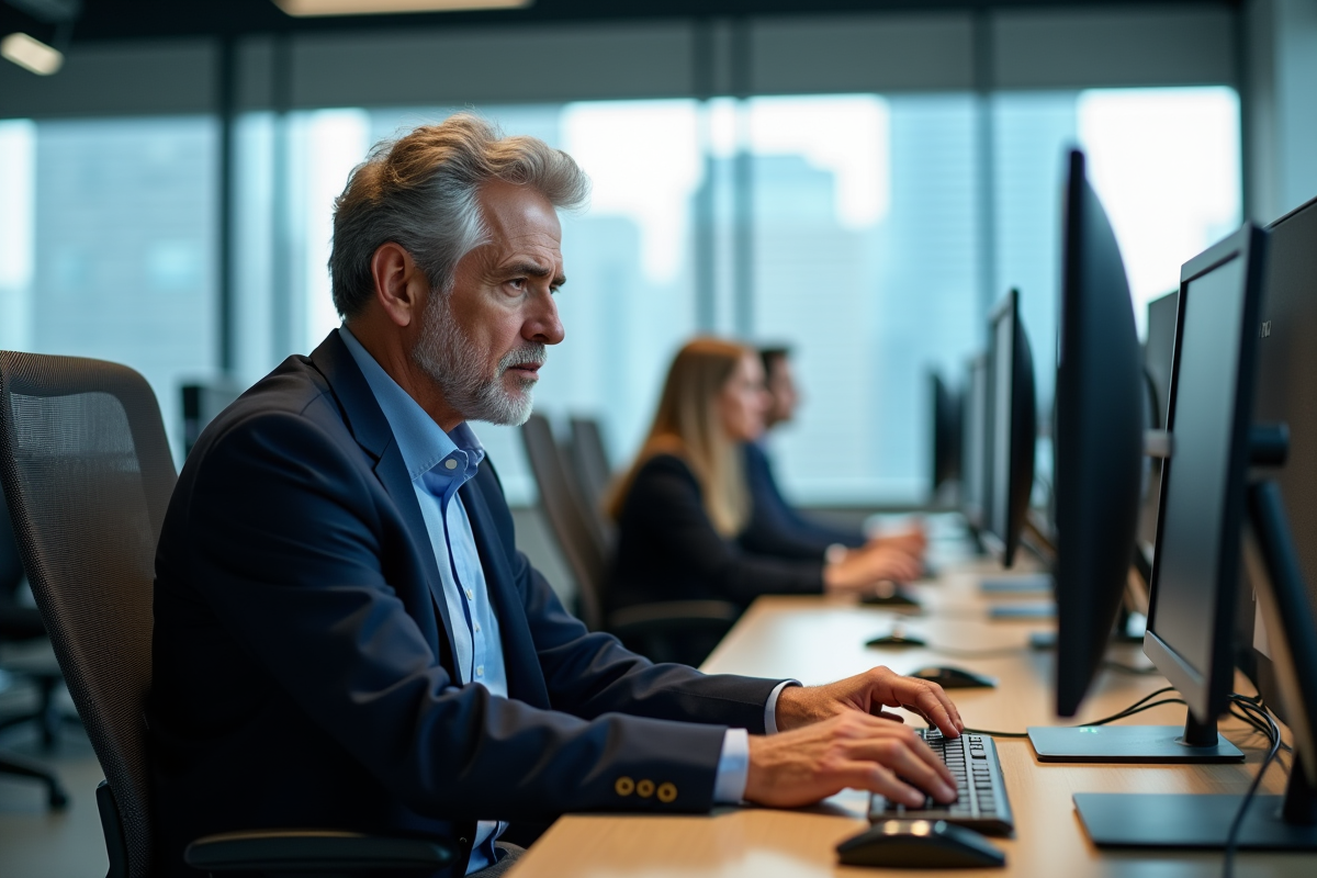 Homme en costume travaillant dans un bureau moderne et dynamique