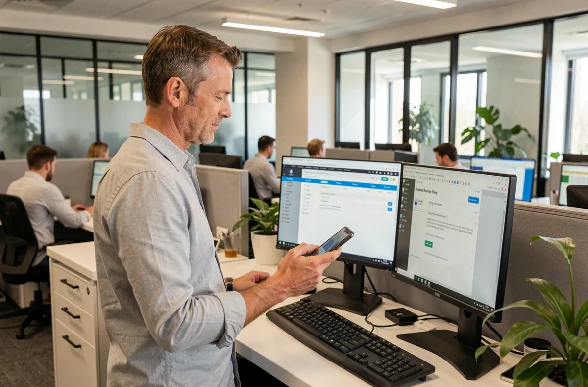 Homme en bureau open space consultant son téléphone et son écran pour récupérer l'accès à son compte Arkevia via email