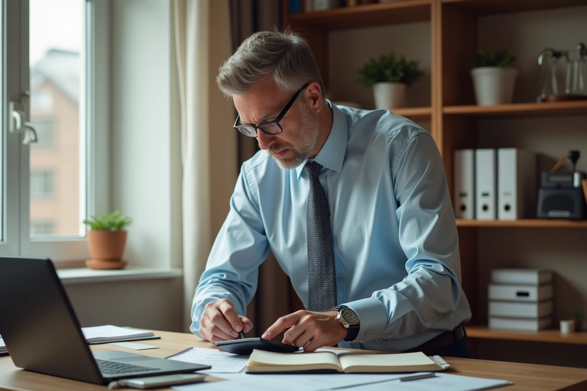 Homme daffaires utilisant une calculatrice dans un bureau &agrave; domicile