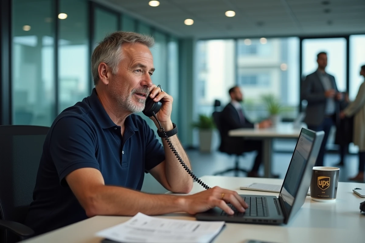 Homme au bureau appelant le service client UPS par téléphone fixe tout en consultant son ordinateur