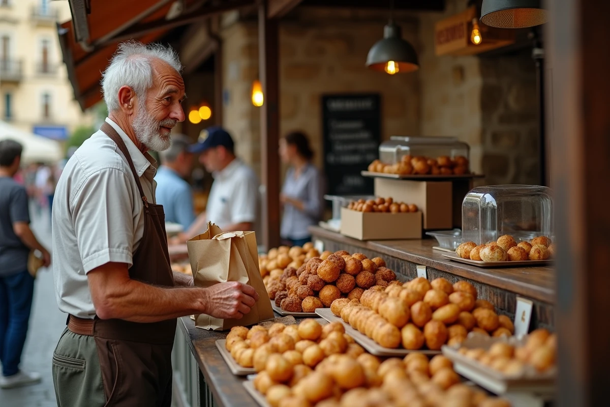 Homme corse âgé servant des beignets de châtaigne au marché