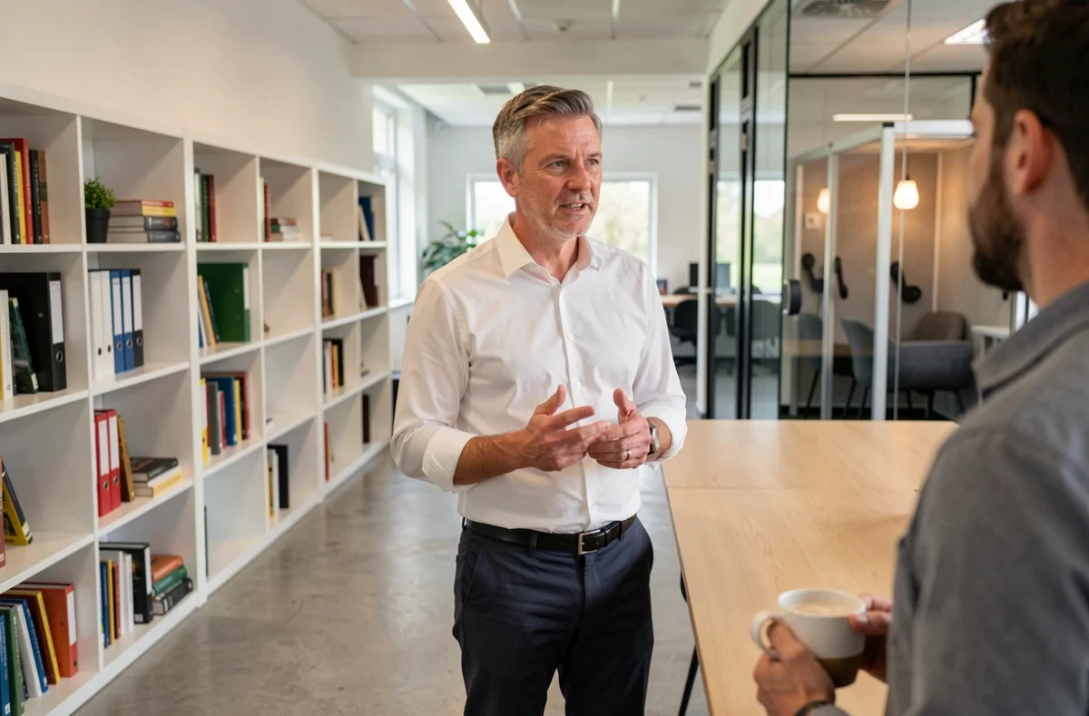 Homme professionnel en discussion dans un espace de coworking moderne en banlieue de Rouen près de Mont-Saint-Aignan