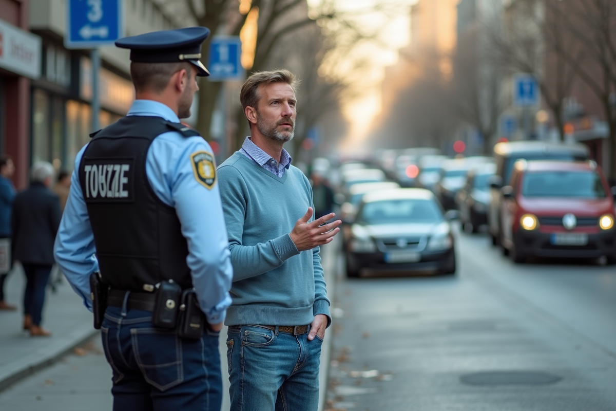 Homme discutant avec un agent de police dans la rue